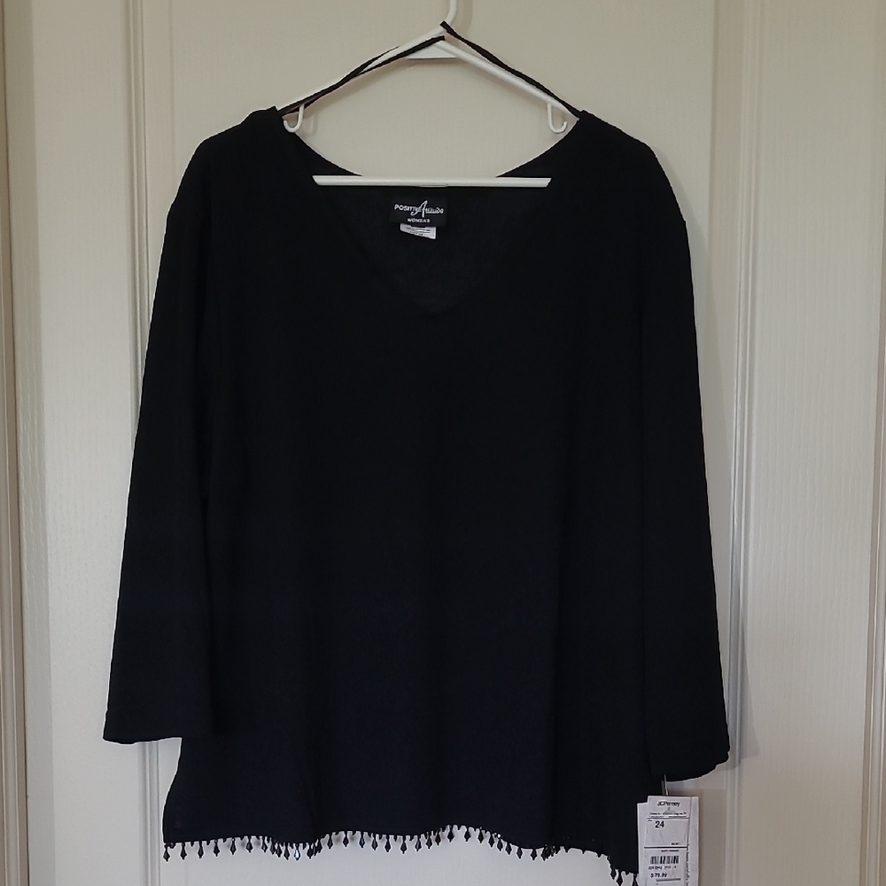 POSITIVE ATTITUDE Dressy Black V-Neck Top with Beaded Hem Detail Size 24